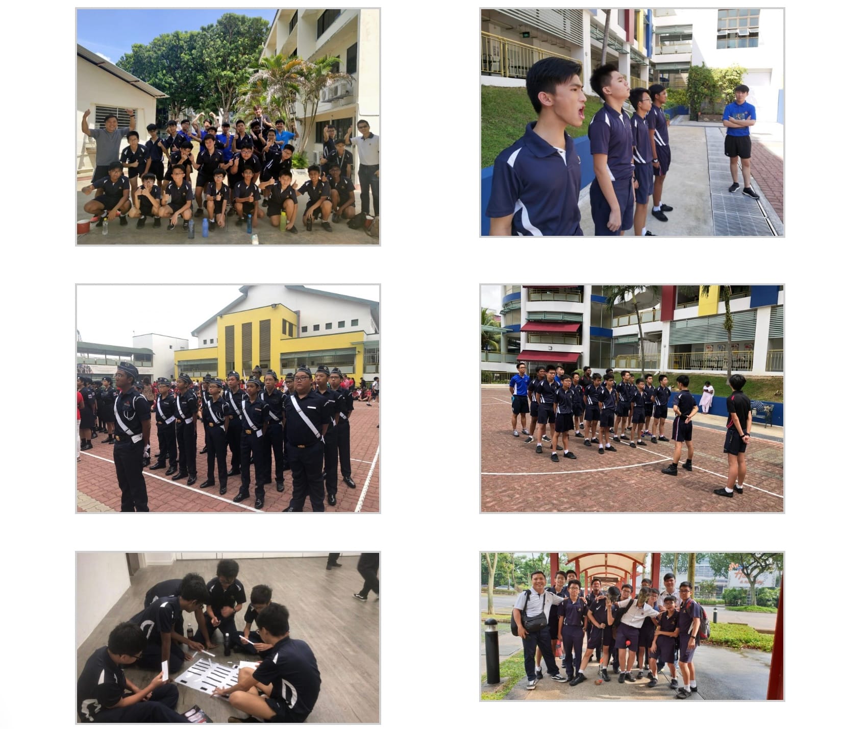 Six photos of uniformed school students posing, marching in formation, chanting, and gathered in school outdoor areas.